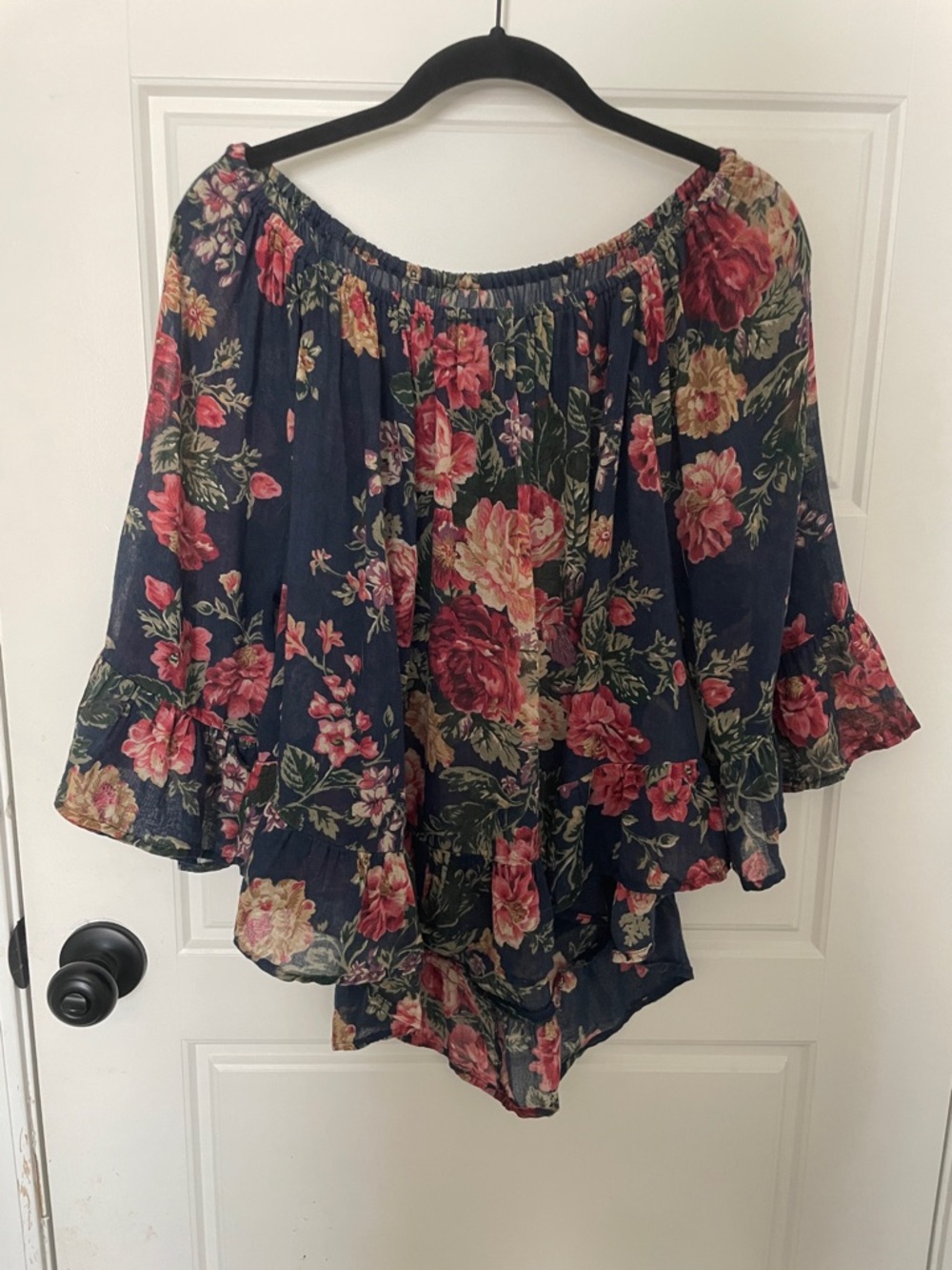 Vintage Dark Florals Ruffled Cotton Top Boho Romantic Feminine Denim & Supply Lg